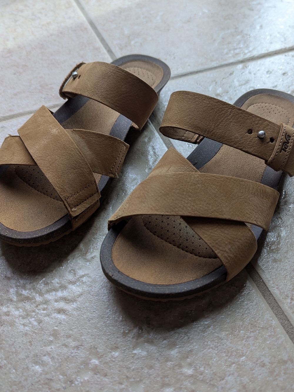 Women's Brown Leather Cross-Strap Slide Sandals
